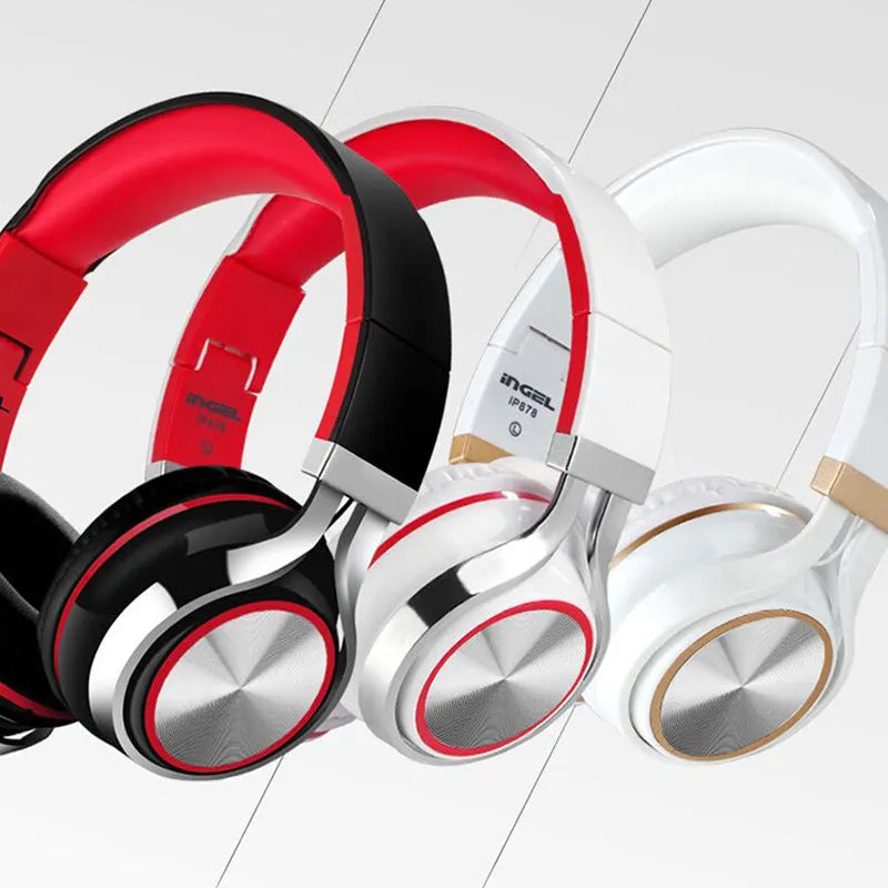 IP878 folding Bluetooth headset in black, blue, or white with 40mm drivers and 3.5mm jack