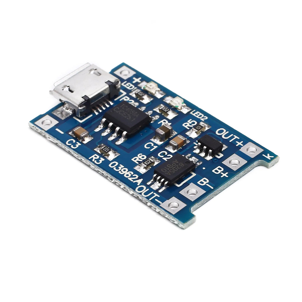 Small blue lithium battery charging and protection circuit board with labelled solder pads.