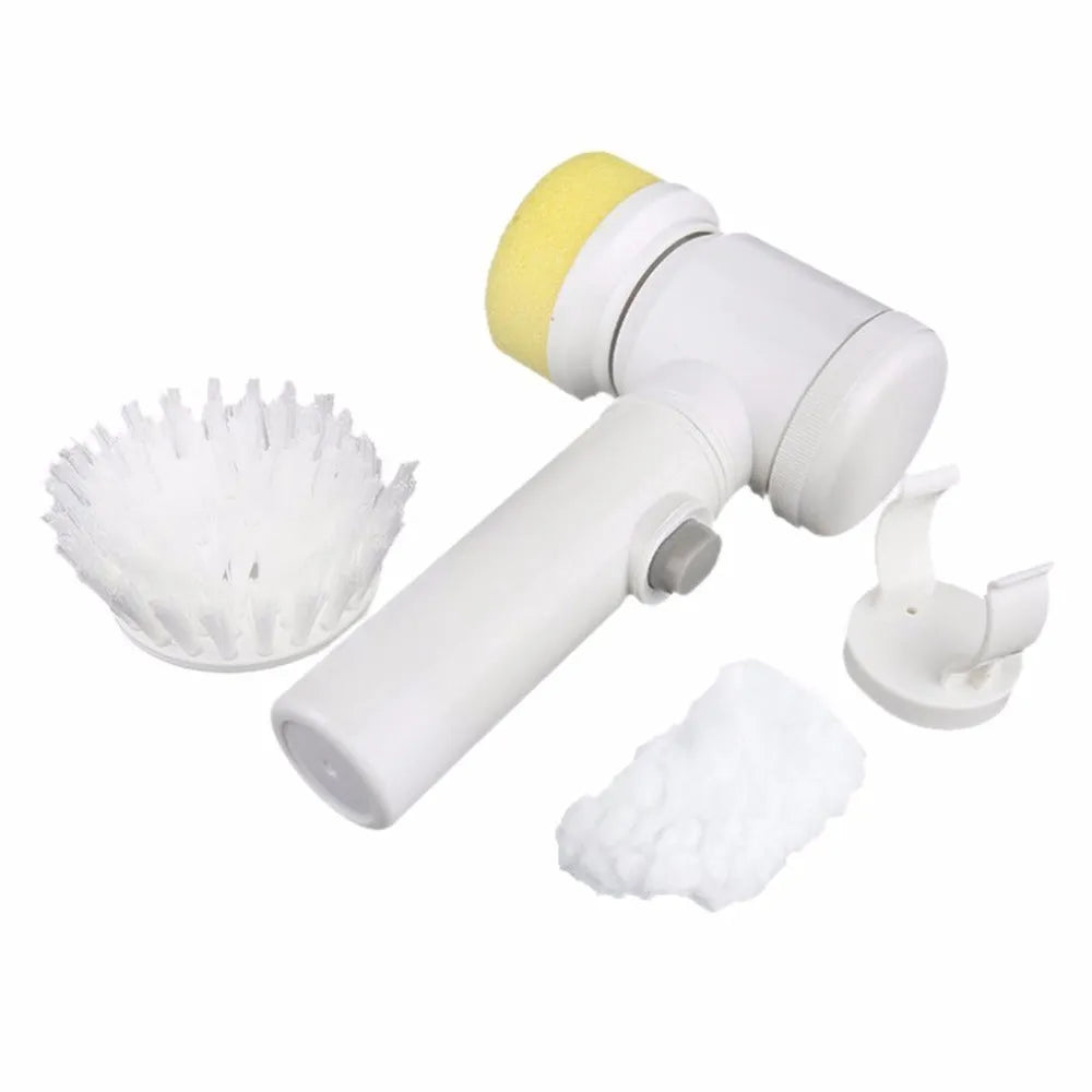 White 5 in 1 cordless electric cleaning brush with detachable ABS handle and 3 interchangeable brush heads, 19.5 x 11.5 x 6.3 cm