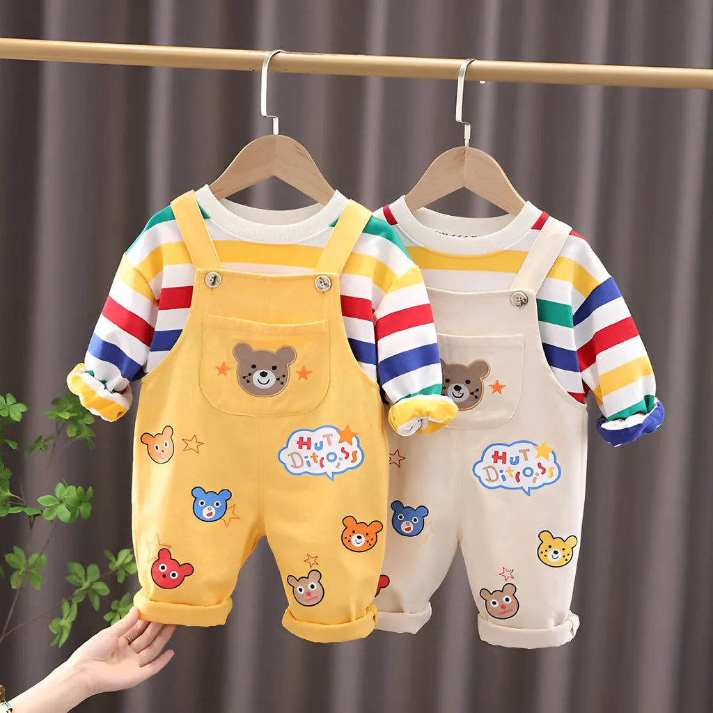 Yellow cotton plaid boys overalls suit with shirt and strap pants for child height 100cm