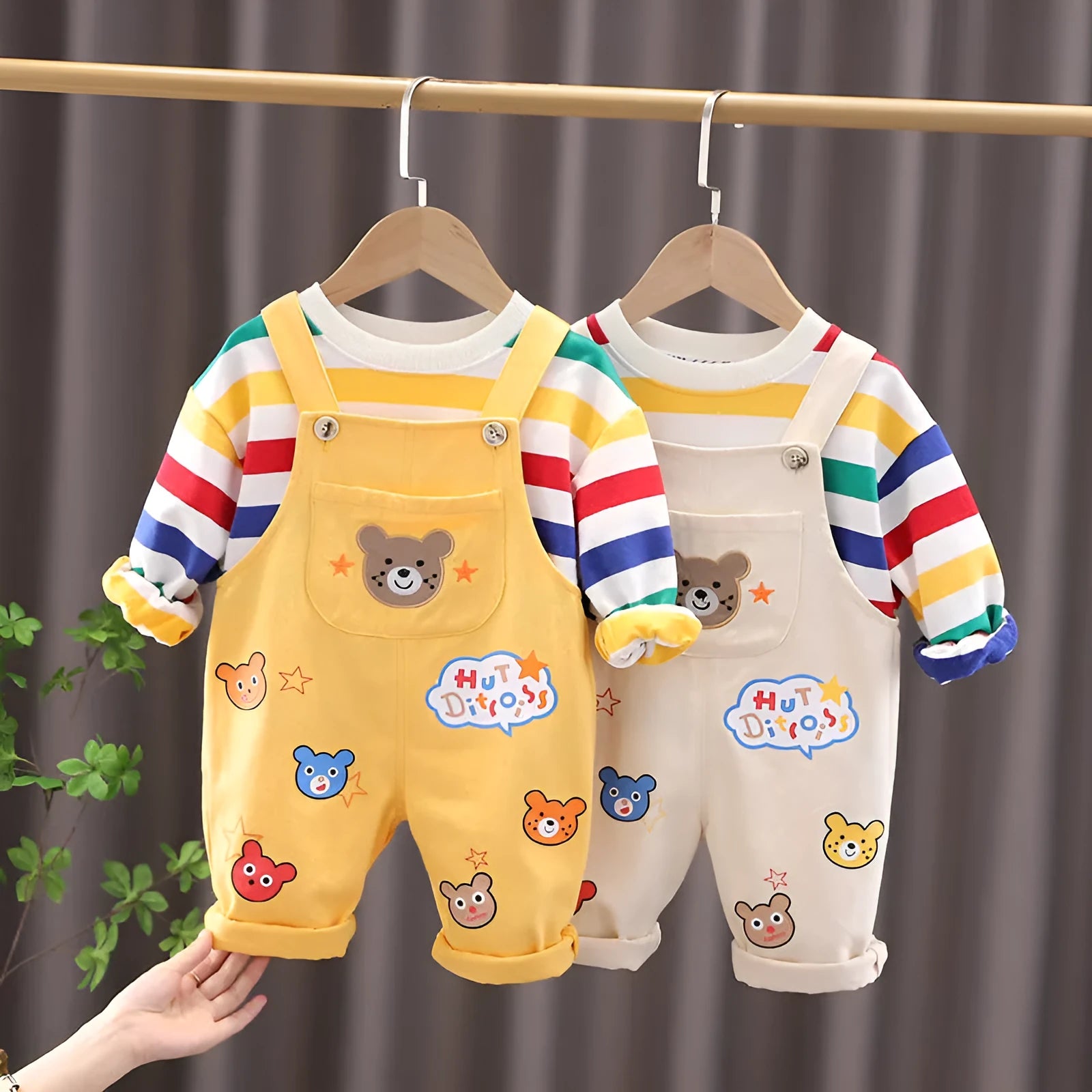 Yellow cotton plaid boys overalls suit with shirt and strap pants for child height 100cm