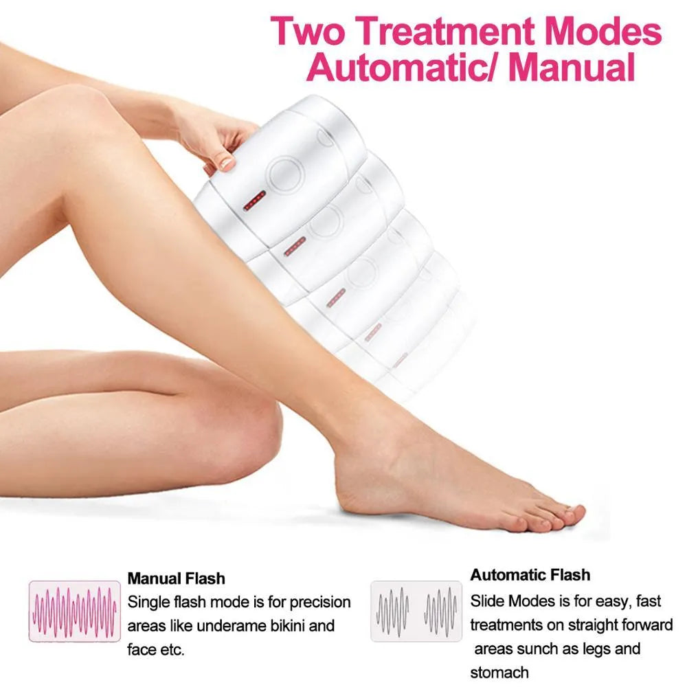 White home laser hair removal instrument with display, shown next to its power adapter and box.