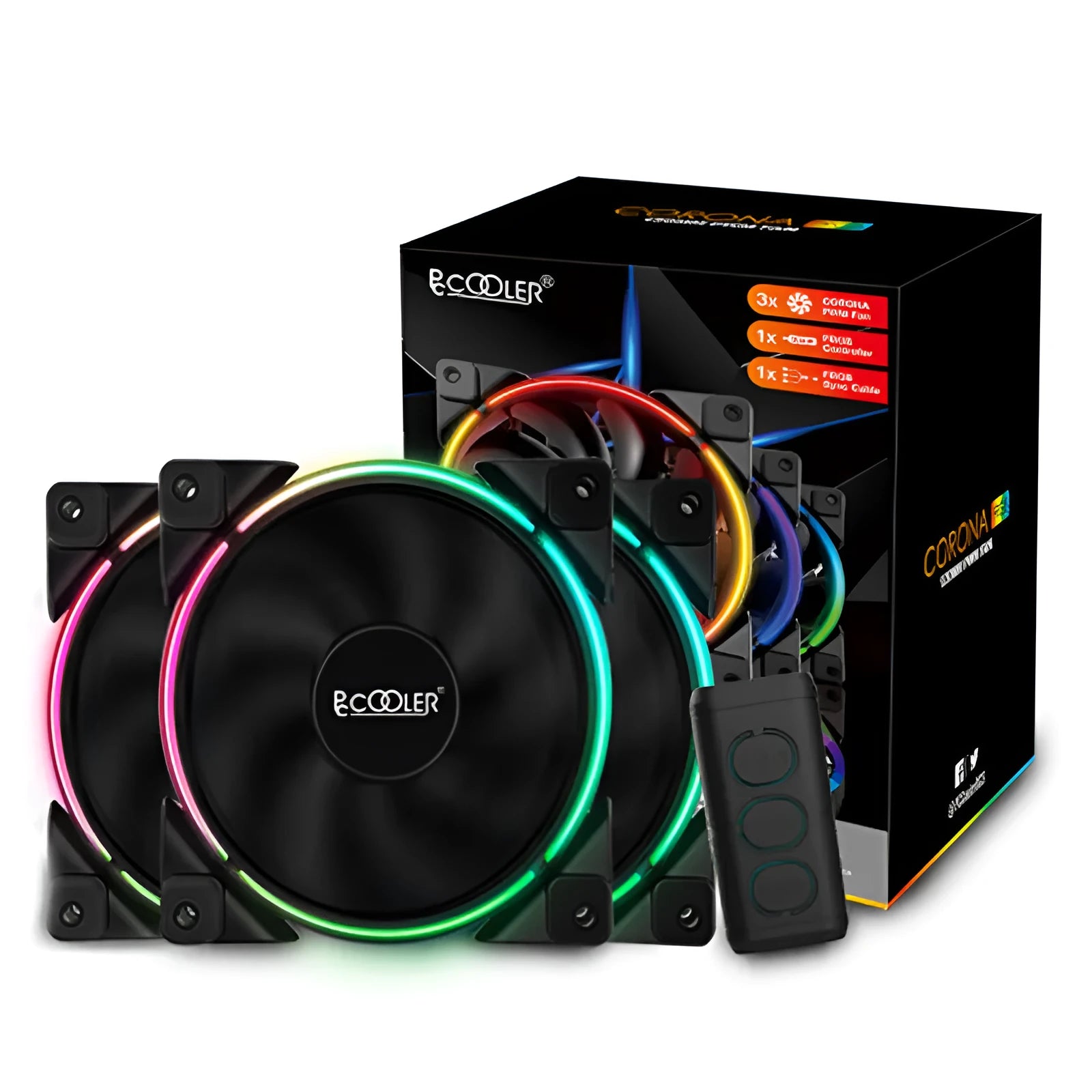Three black 12cm RGB PC cooling fans with illuminated blades on a dark background.