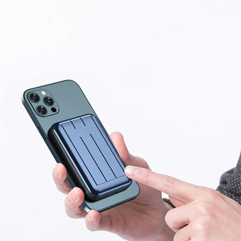 Blue magnetic wireless charging power bank showing dimensions and multiple USB ports