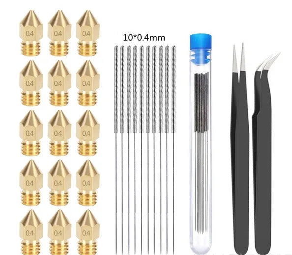 MK8 brass 3D printer nozzle and stainless steel cleaning pin set on a white background.