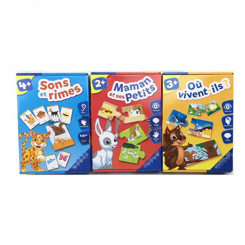 French educational puzzle toy with 24 pattern-word pairs for children aged 2+ on thickened paper