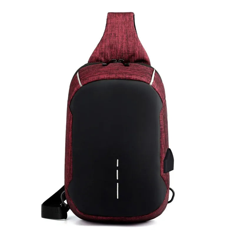 Dark blue waterproof Oxford cloth chest bag with zip and adjustable strap, shown front-on.