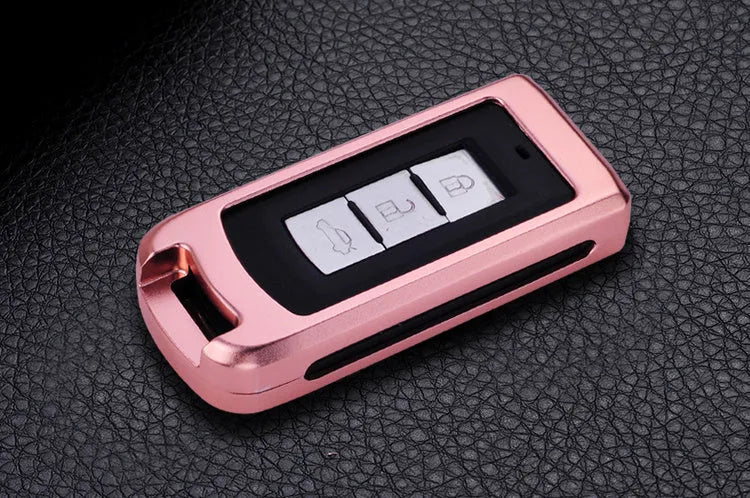 Aluminium alloy key shell sleeve buckle cover for car key protection in silver with cowhide leather accent