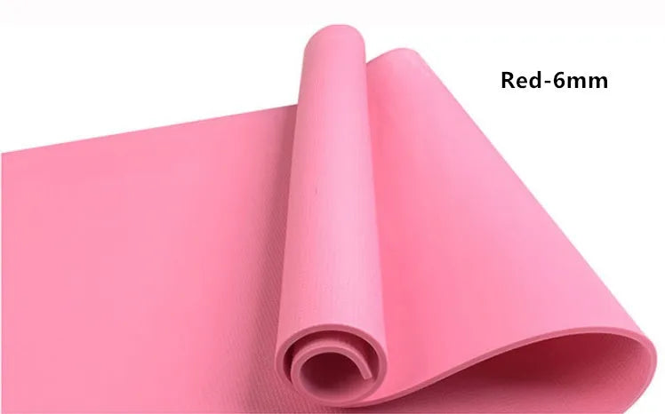 Red EVA fitness yoga mat, 173cm long, shown flat on a wooden floor.