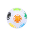 Rainbow coloured ball puzzle toy with multiple holes showing movable coloured balls inside plastic sphere