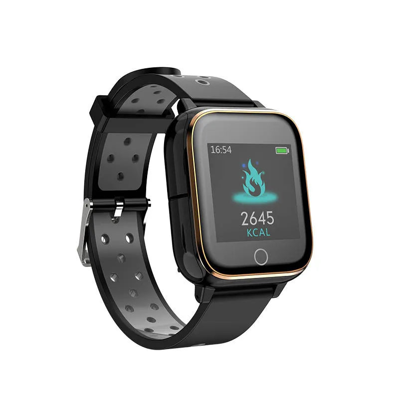 Black smartwatch bracelet with built-in Bluetooth earbuds showing a 1.4-inch screen displaying heart rate data.