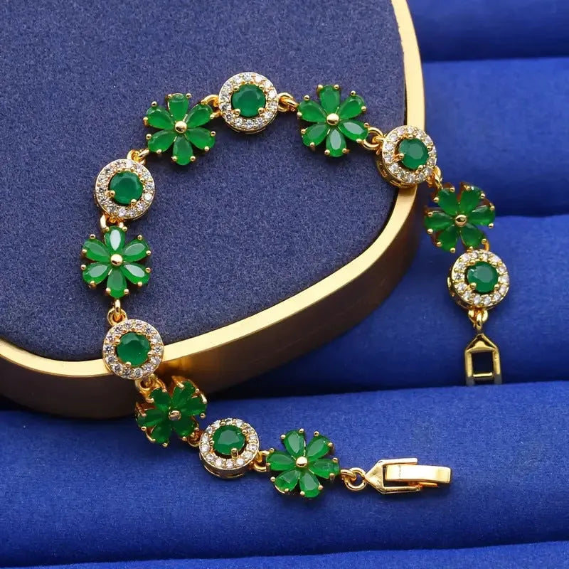 Romantic Flower Design Green Zircon Bracelet Copper Real Gold Plating Micro Inlaid Zircon Affordable Luxury Style Floral Jewellery for Women