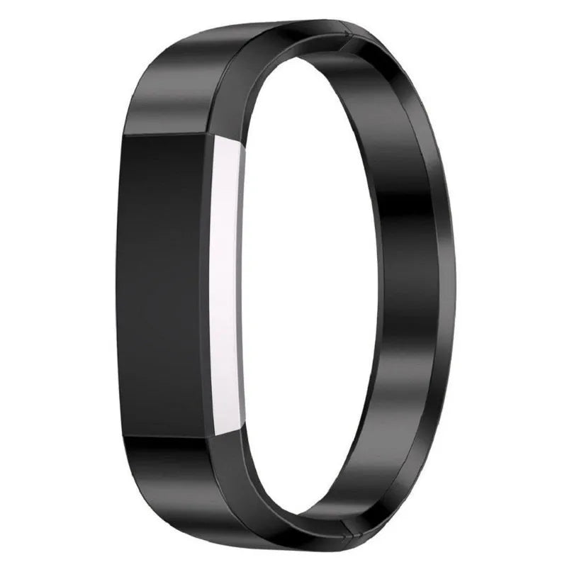 Fitbit Alta smart watch with a stainless steel replacement bracelet strap featuring a deployment buckle, shown in silver finish.