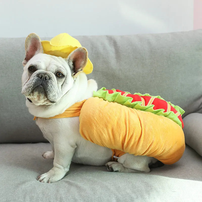Yellow dog hot dog burger crossdress costume on a dog, showing FB one-size fit with fabric details