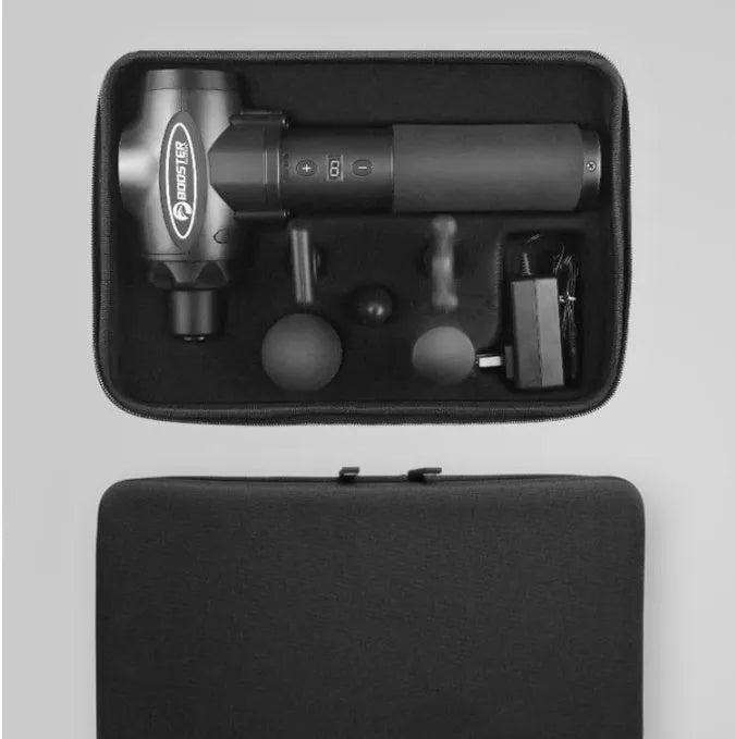 Black and white cordless massage gun for muscle relaxation with adjustable speed settings.