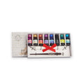 Wooden gift box open to show a wooden dip pen, standing pen holder, bottles of coloured ink, and replacement nibs.