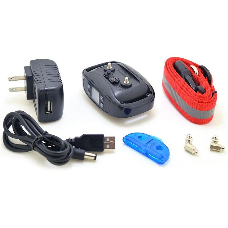 Electronic dog trainer bark stopper with plastic body and nylon strap, black and white colour options