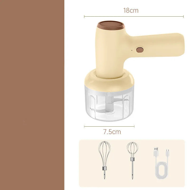 2 in 1 handheld electric garlic chopper with 304 blade, 250ml cup, USB Type-C rechargeable, khaki or beige