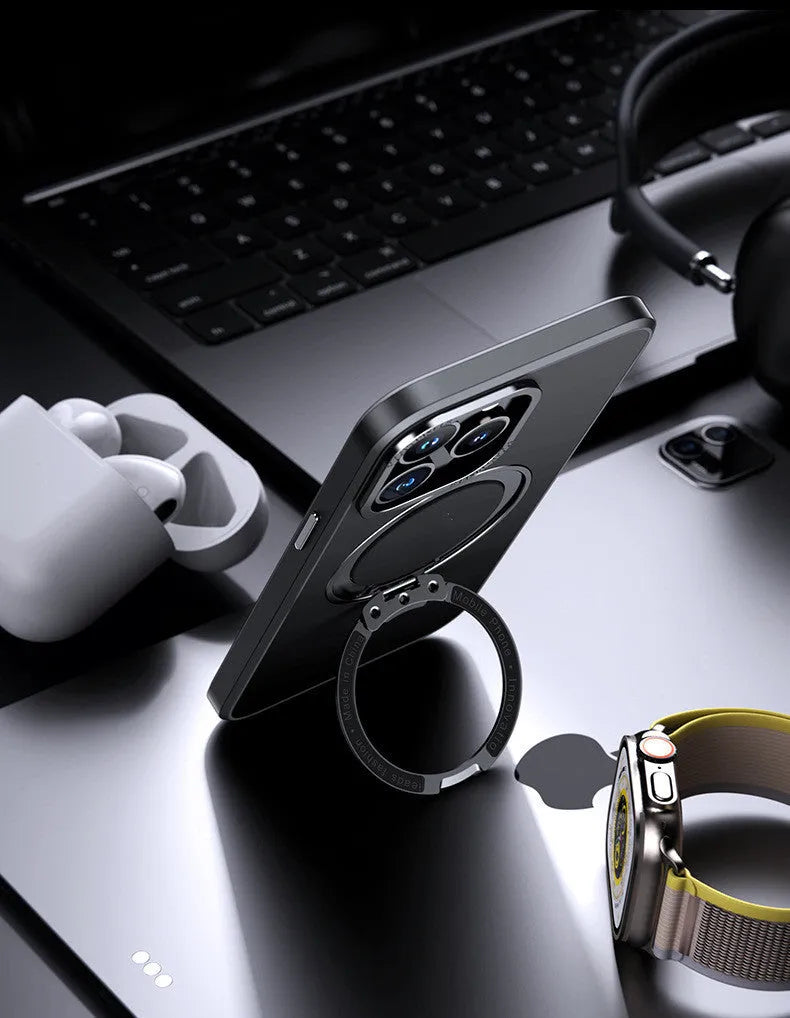 Transparent magnetic iPhone case with aluminium alloy bracket on iPhone 15 Pro