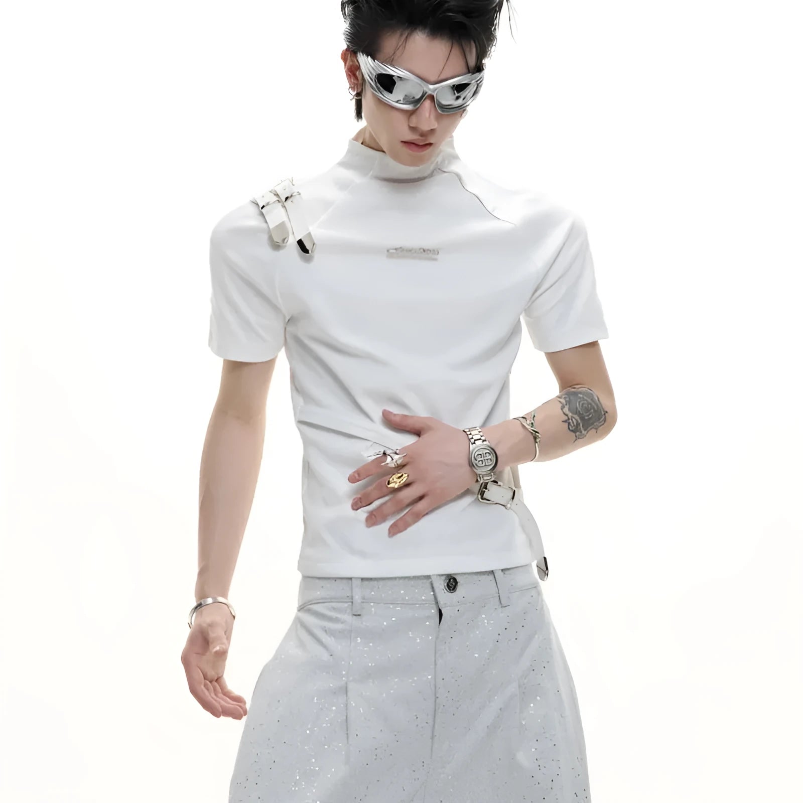 Men's slim fit black cotton T-shirt with a stand-up collar and metal belt design detail on the chest