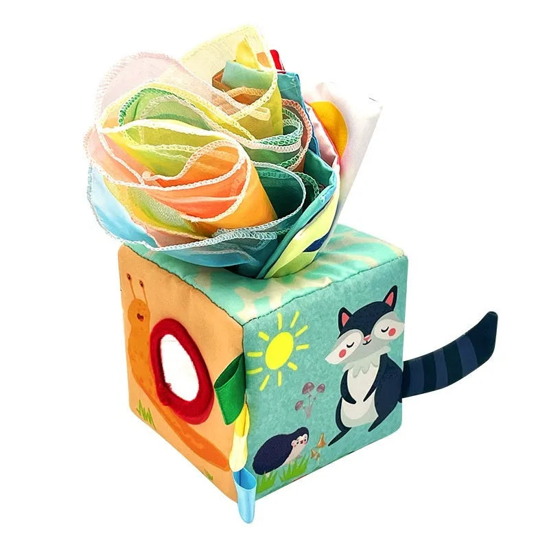 Early education fabric tissue box toy with silk scarves and paper rings for baby sensory play