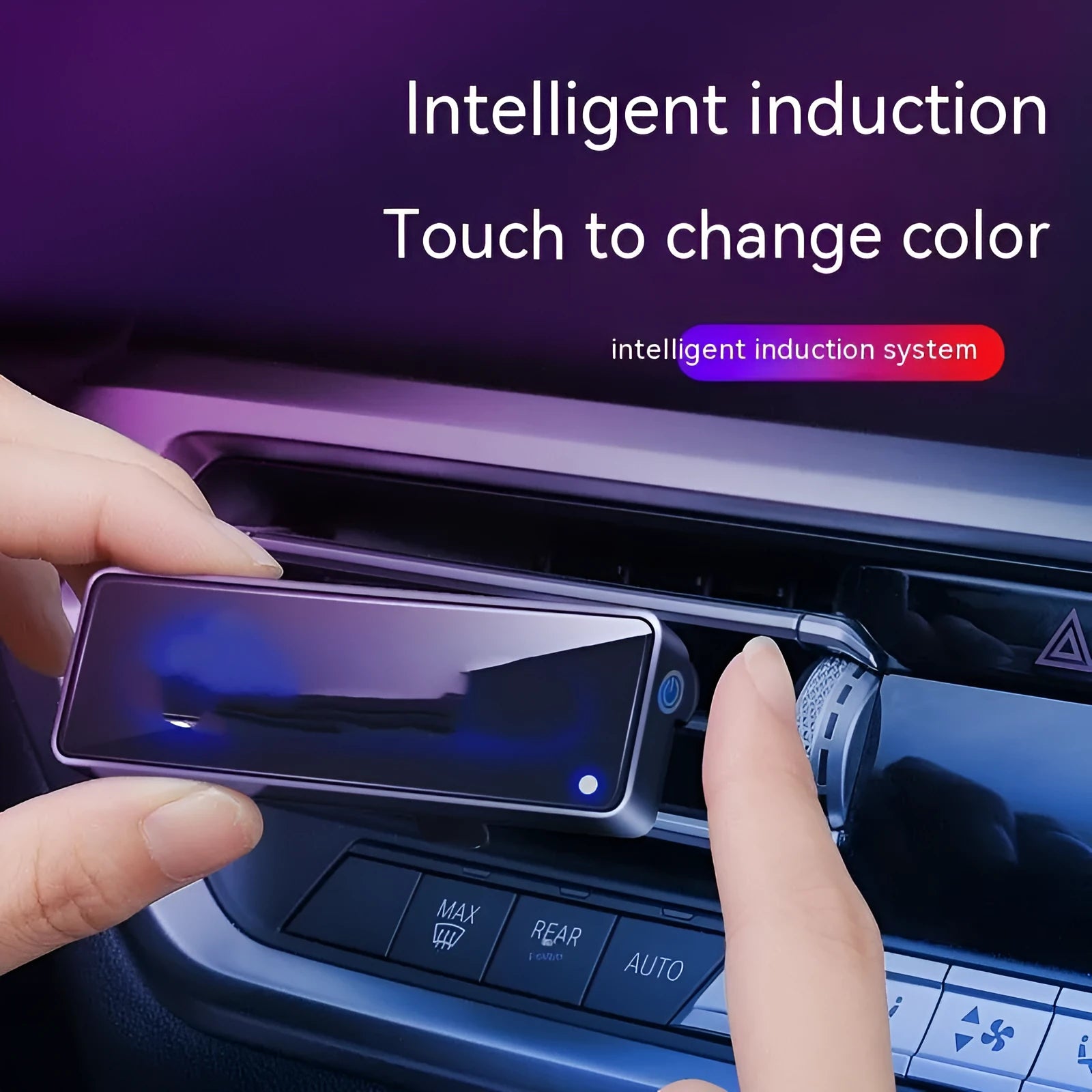 Black car air vent perfume diffuser with LED mood light mounted on vehicle ventilation louvre