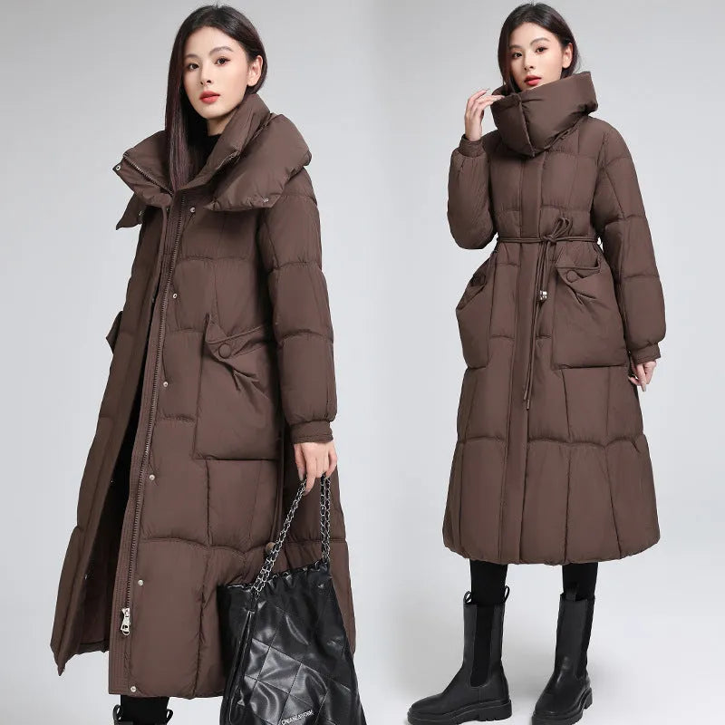 Women's knee-length padded jacket waist-cinching thicken coat in black with pockets