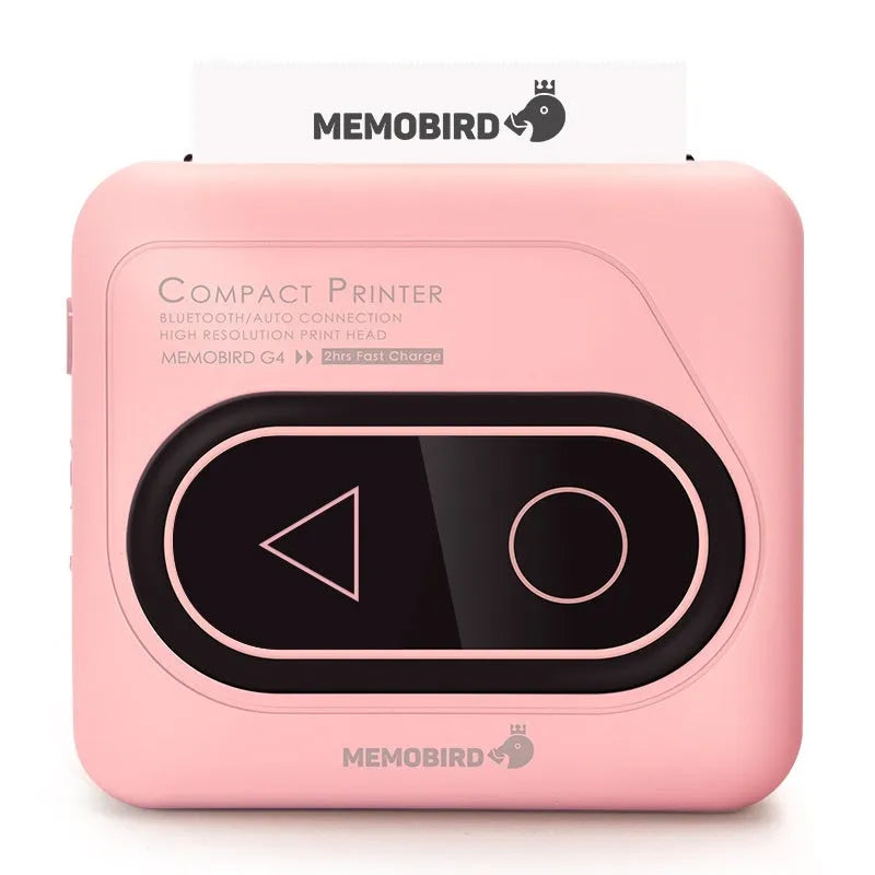 Portable Bluetooth mini printer with thermal paper in avocado green, pink, small yellow duck, and white options