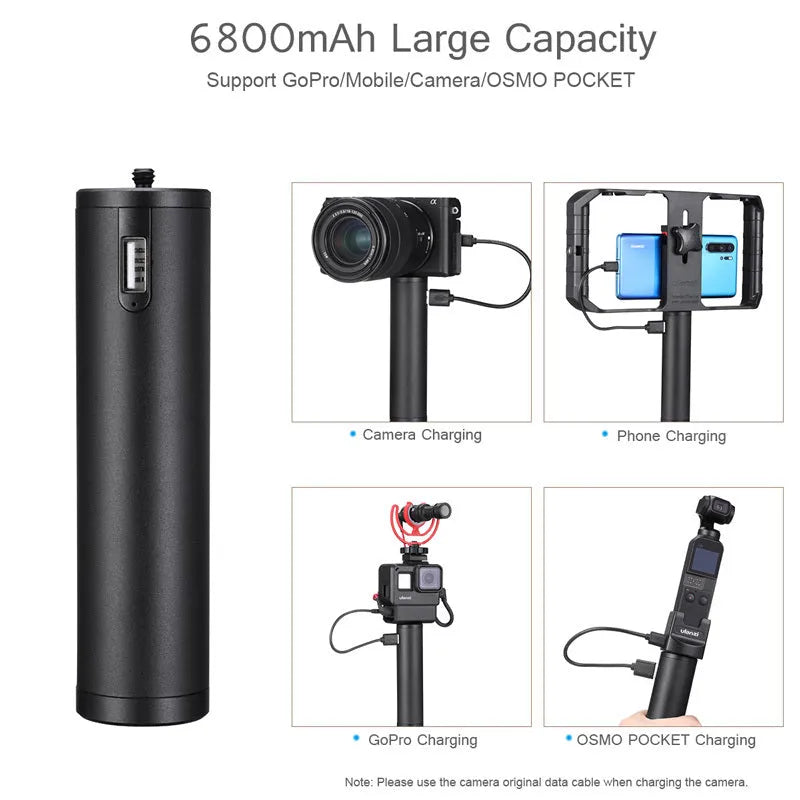 Black aluminium alloy power bank with a carry handle, showing its 12.5cm length.