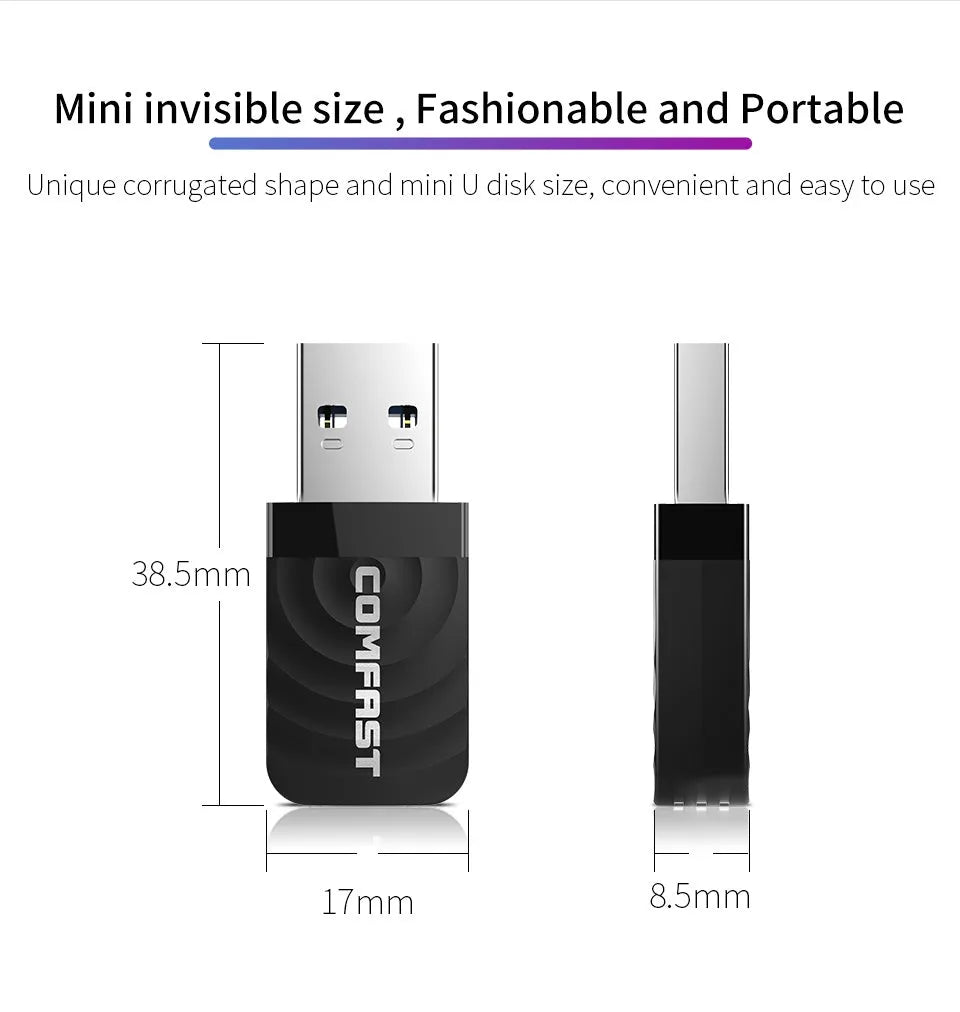 Black USB 3.0 dual band 1300Mbps wireless network adapter for desktop or laptop