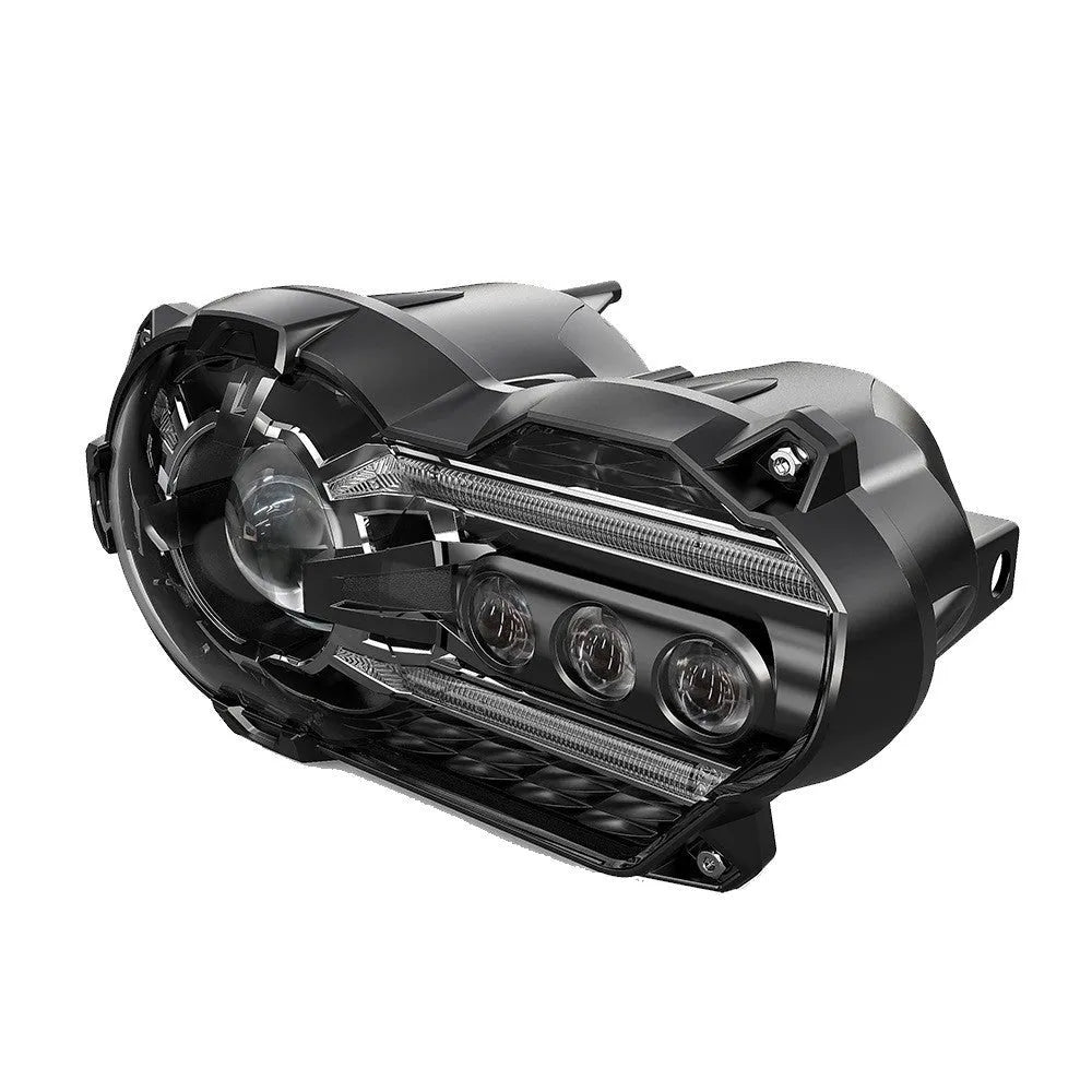 Black 7-inch round LED motorcycle headlight with a polycarbonate lens shown from the front.