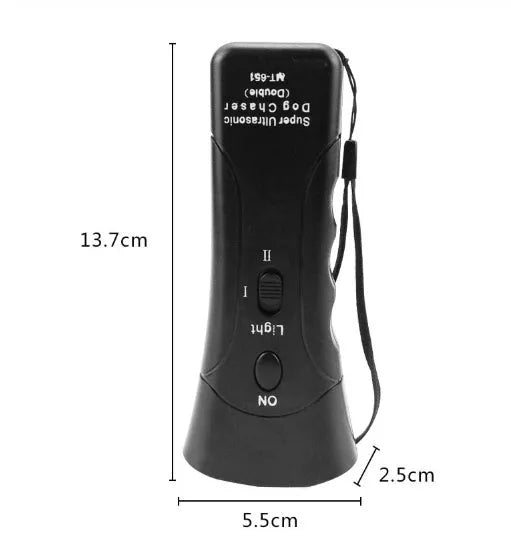 Black ABS ultrasonic dog repeller and training flashlight, 14cm x 6cm x 3cm, 130dB, 20m range