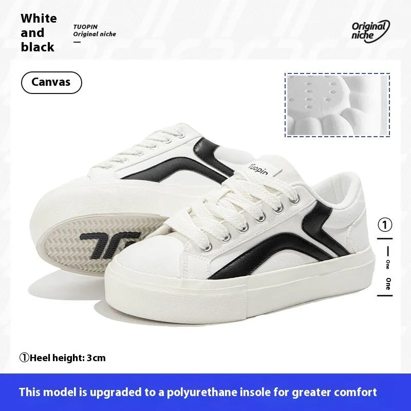 Women's blue and white low-top board shoes with vulcanised rubber soles and lace-up front.