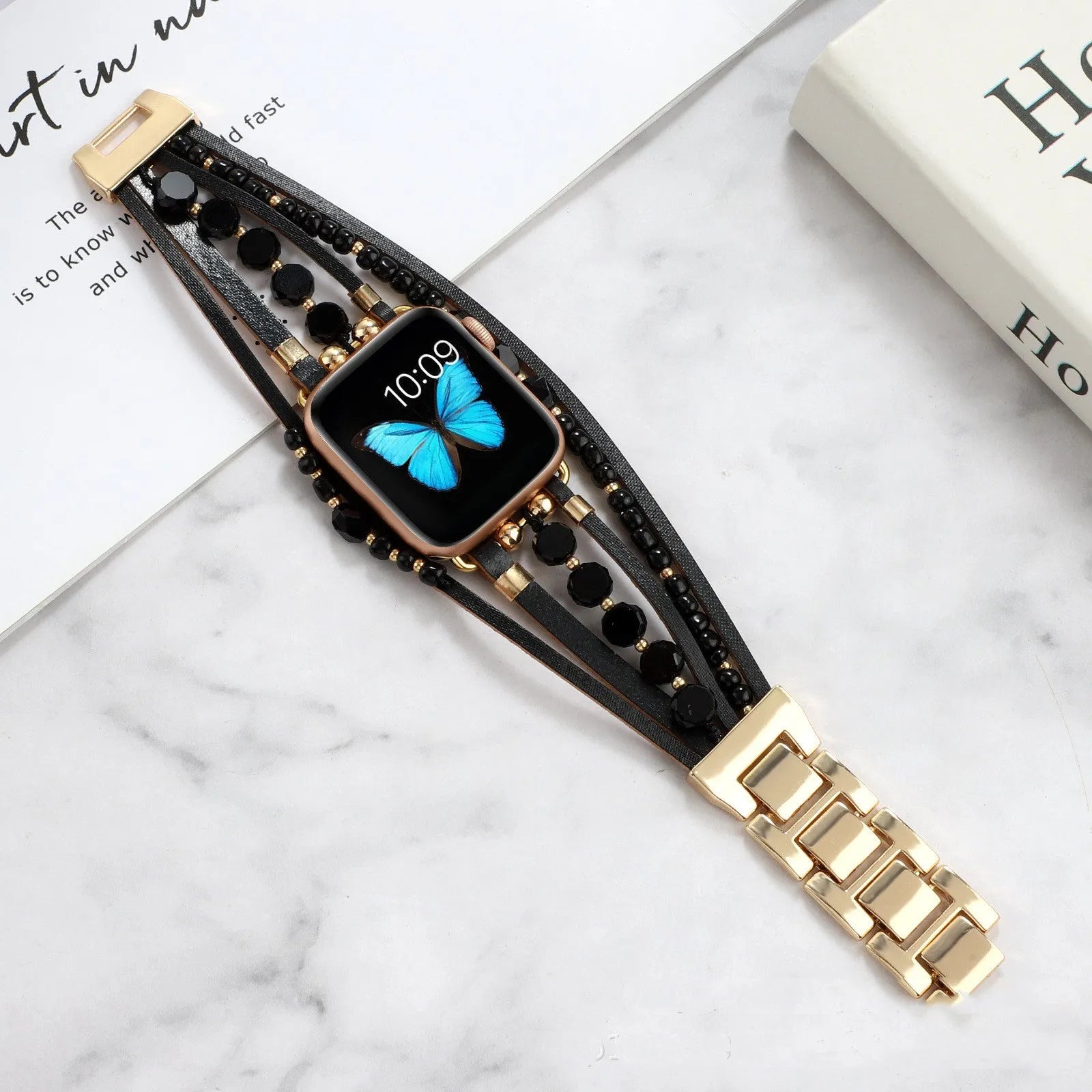 Life Tree Jewelry woven metal and leather watch strap for Apple Watch, 22mm, multiple colours including Black and Gold