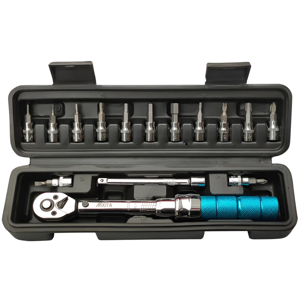 1/4 inch preset torque wrench 1-25Nm with hex Torx slotted cross bits, 100mm extension rod, 3/8 adapter, and sleeves.