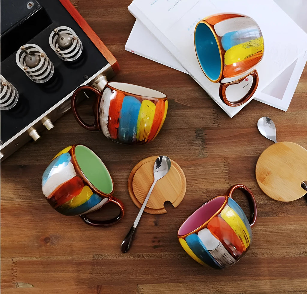 Creative handmade ceramic mug with lid and spoon, 350ml, vibrant blue colour, European style