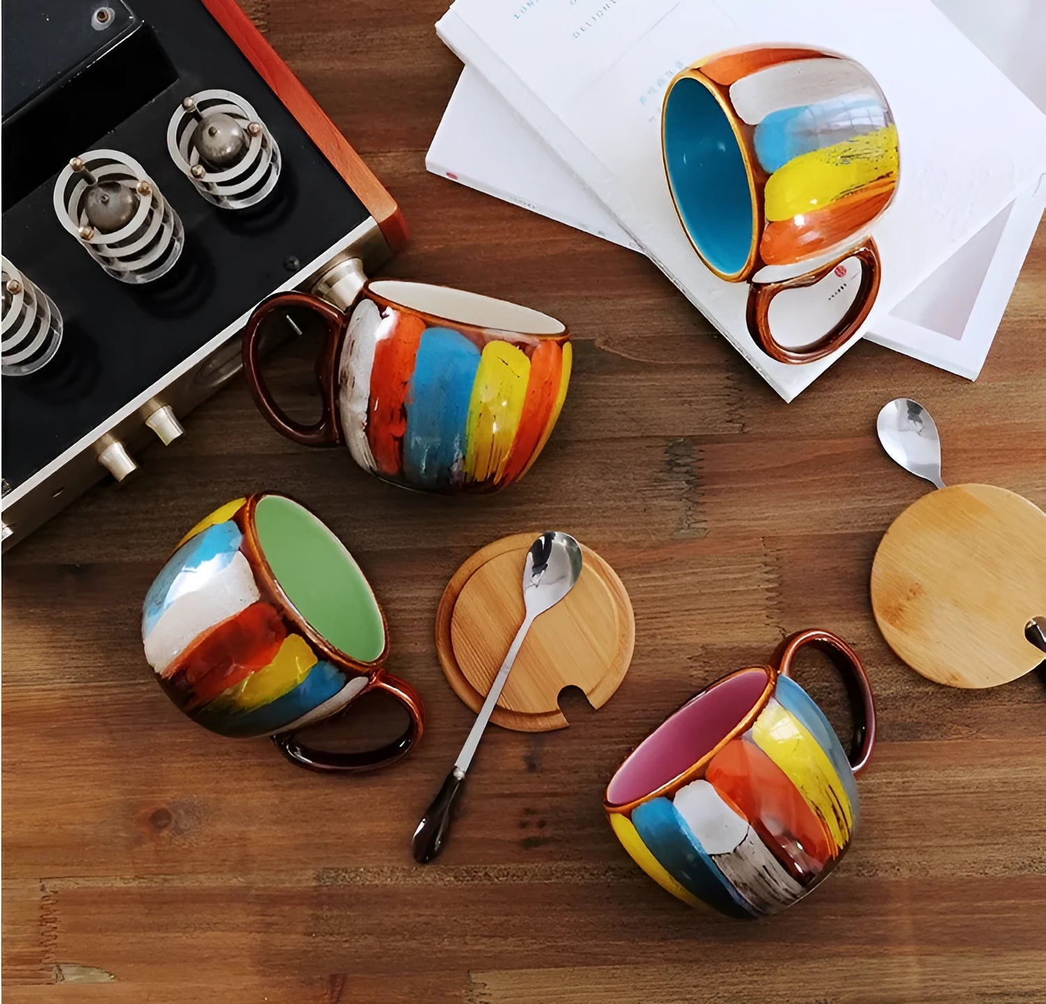 Creative handmade ceramic mug with lid and spoon, 350ml, vibrant blue colour, European style
