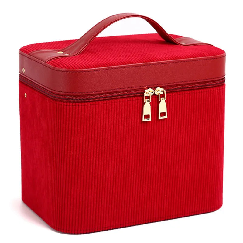 A solid colour corduroy cosmetic storage box with a large capacity for home organisation.