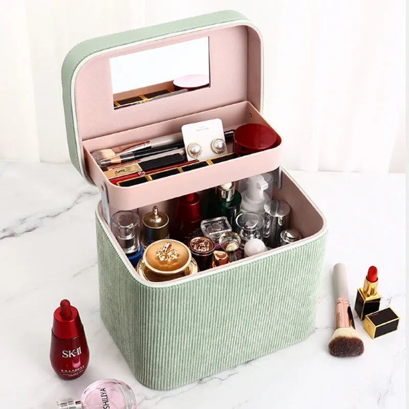 A solid colour corduroy cosmetic storage box with a large capacity for home organisation.