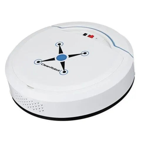 Smart robot vacuum cleaner in black on a hard floor, 22.8 x 22.8 x 7 cm, with ABS body and USB charging cable