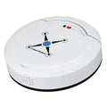 Smart robot vacuum cleaner in black on a hard floor, 22.8 x 22.8 x 7 cm, with ABS body and USB charging cable