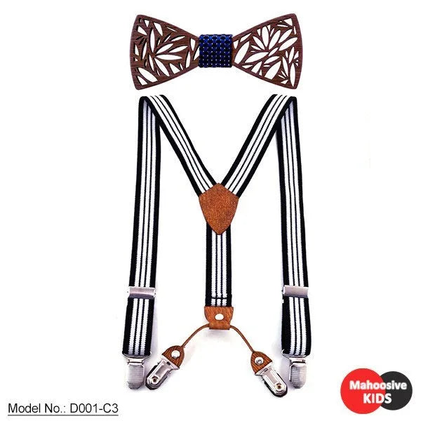 Children's wooden bow tie set with striped suspenders and belt on a boy for wedding