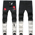 Black high-waist rose-embroidered shredded stretch denim jeans for women