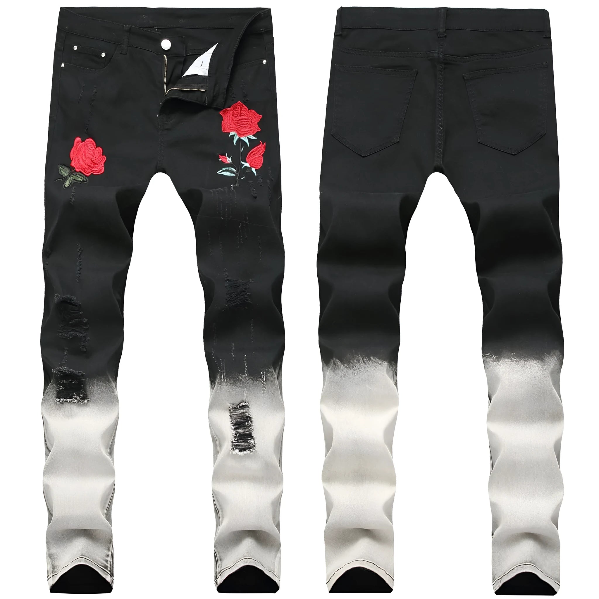 Black high-waist rose-embroidered shredded stretch denim jeans for women