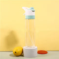 White plastic spray water bottle with handle strap and leakproof lid on a gym bag.