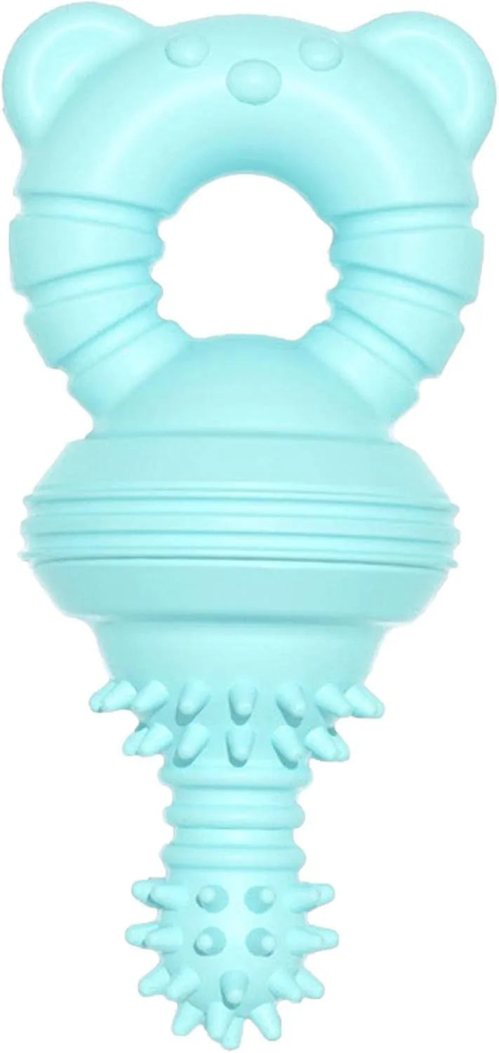 Blue rubber dog chew toy with textured surface for cleaning teeth, shown next to a measuring tape indicating 13.5cm diameter.