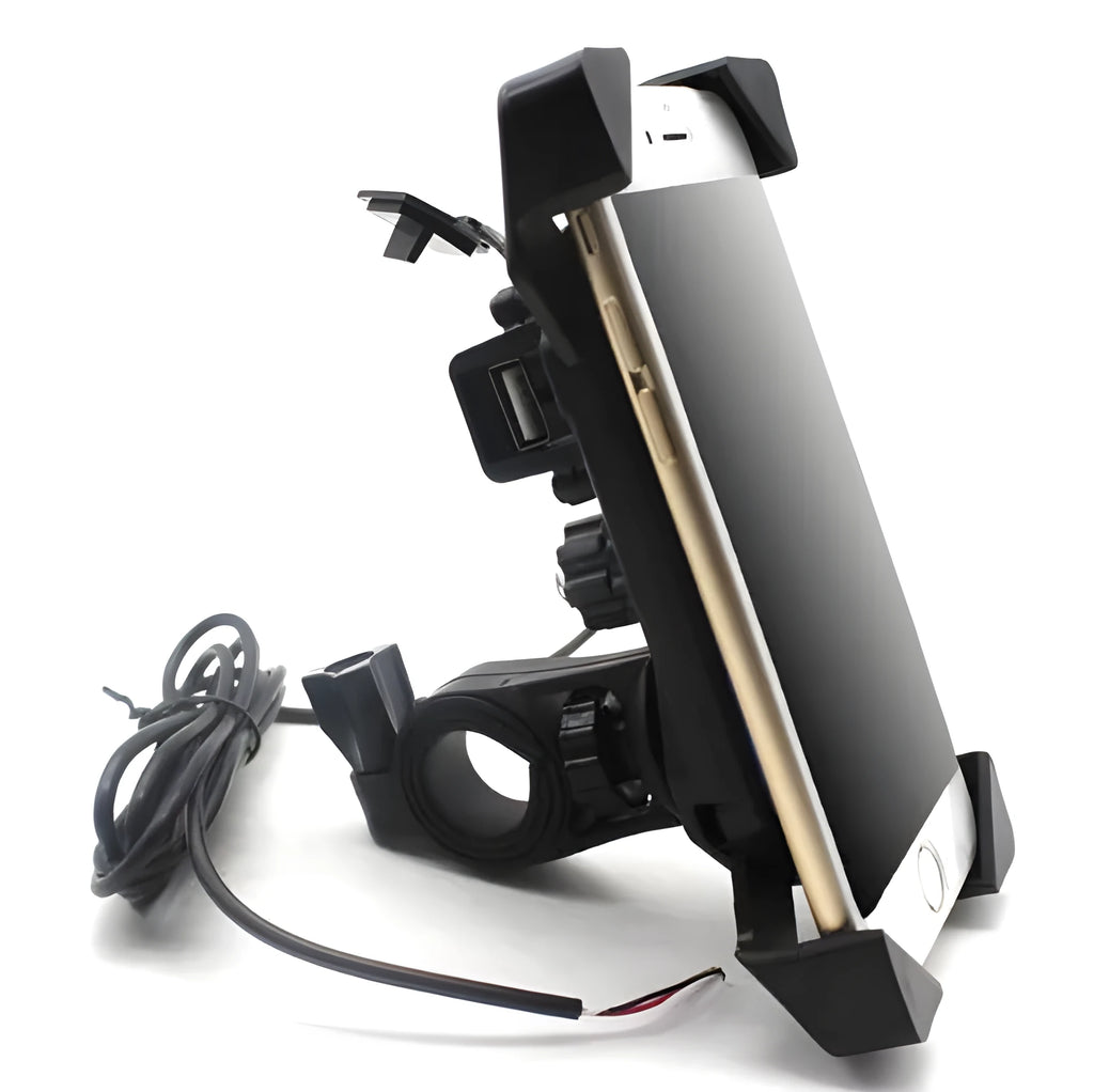 Black ABS motorcycle phone holder with charging port mounted on handlebar with adjustable phone cradle