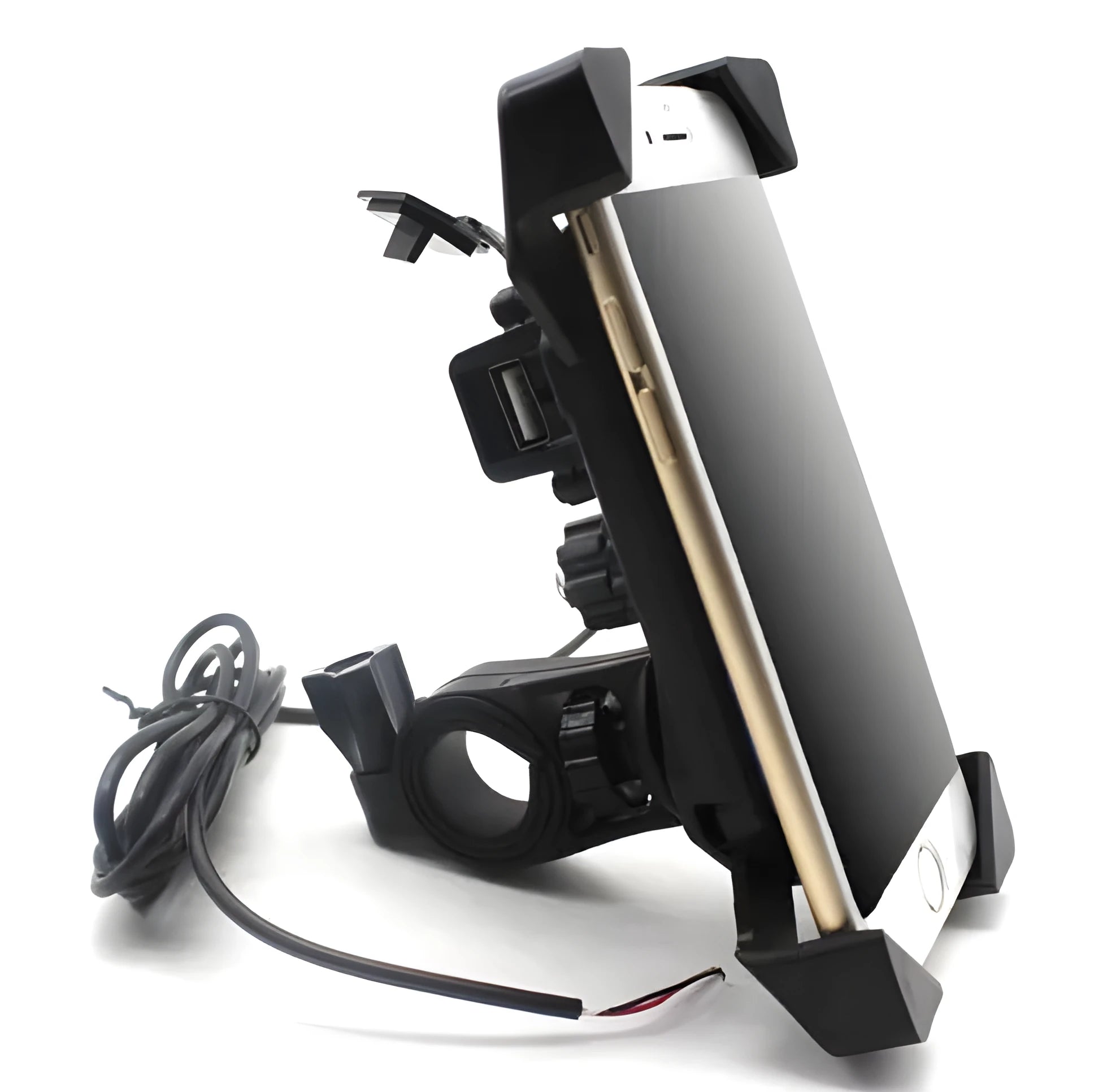 Black ABS motorcycle phone holder with charging port mounted on handlebar with adjustable phone cradle