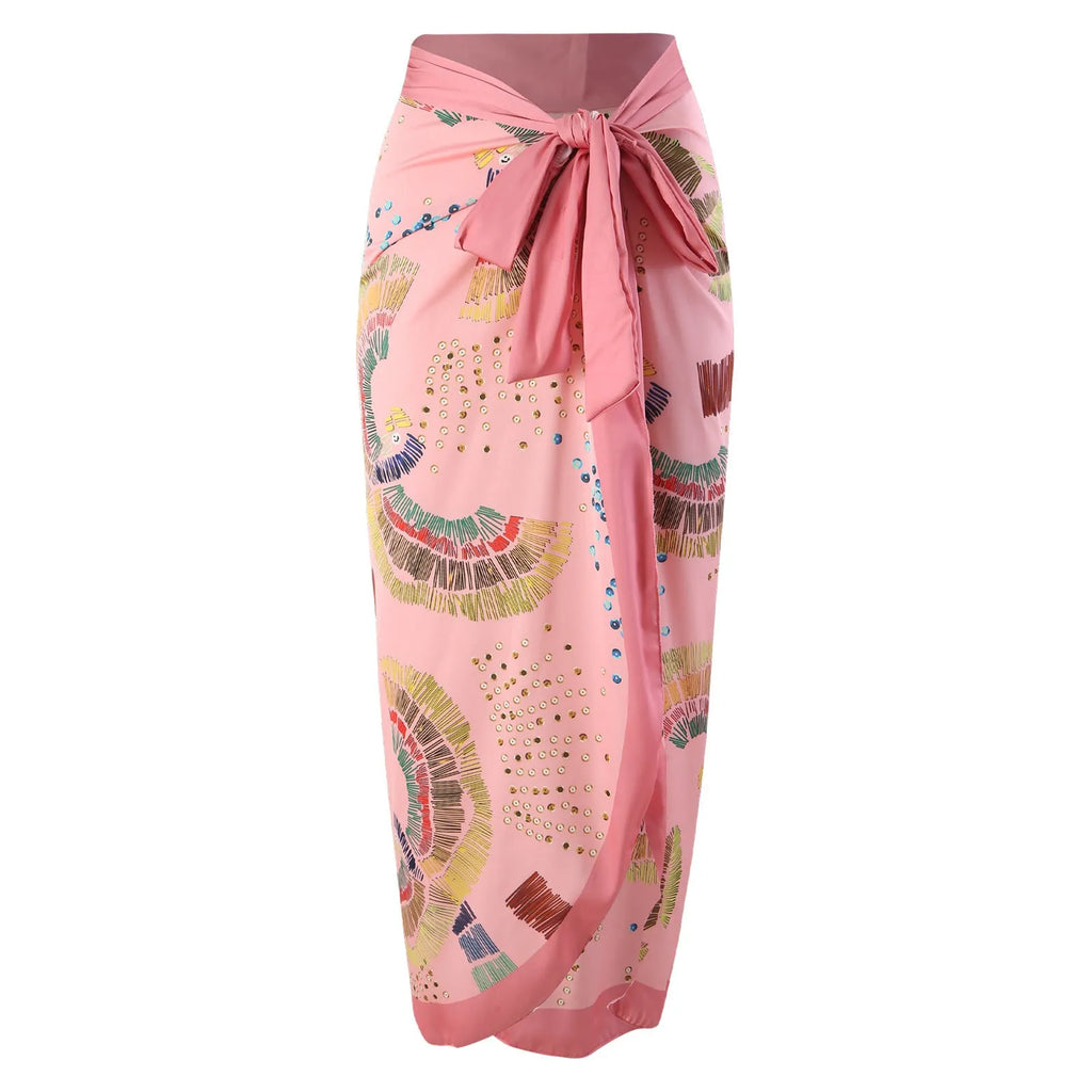 Blue and pink French retro one-piece swimsuit sets with matching gauze skirts for beach and pool.