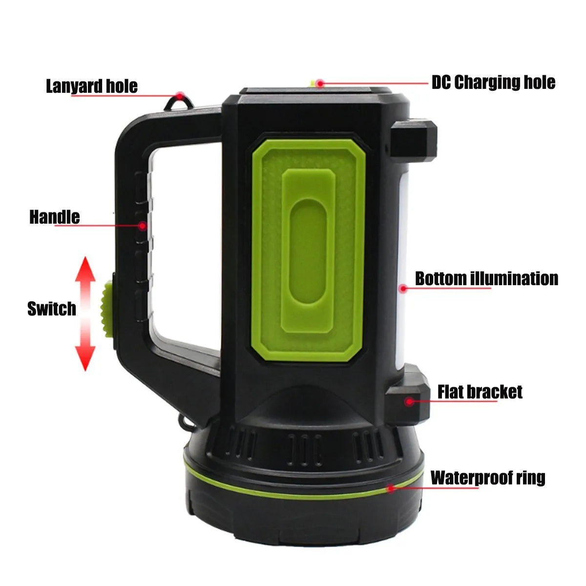Green USB rechargeable LED flashlight with 500m range and 6000mAh battery